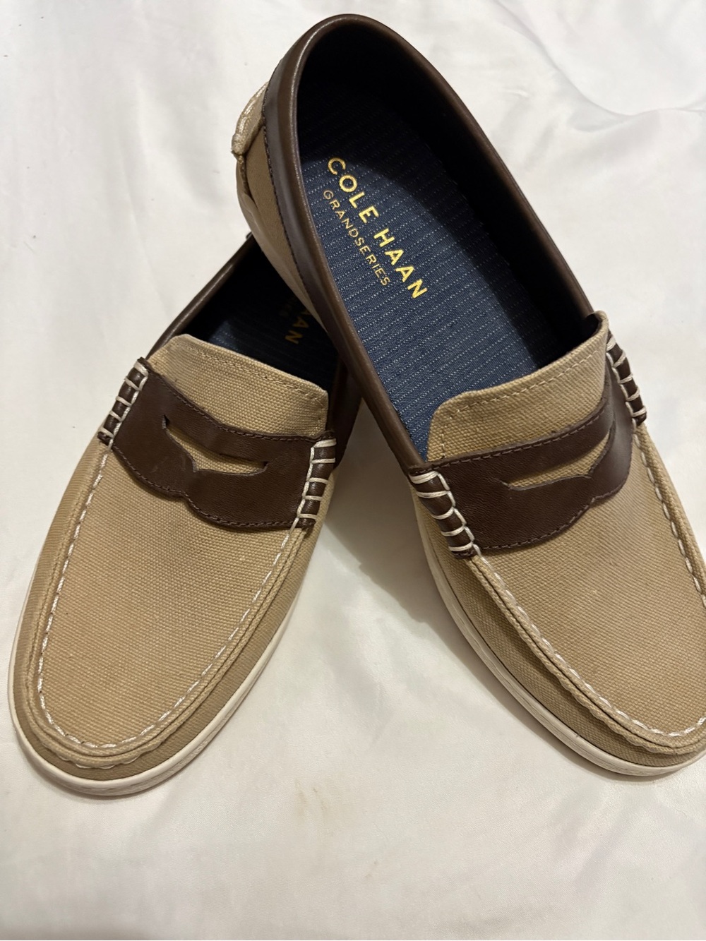 Cole Haan Tan Canvas and Brown Leather Penny Loafers